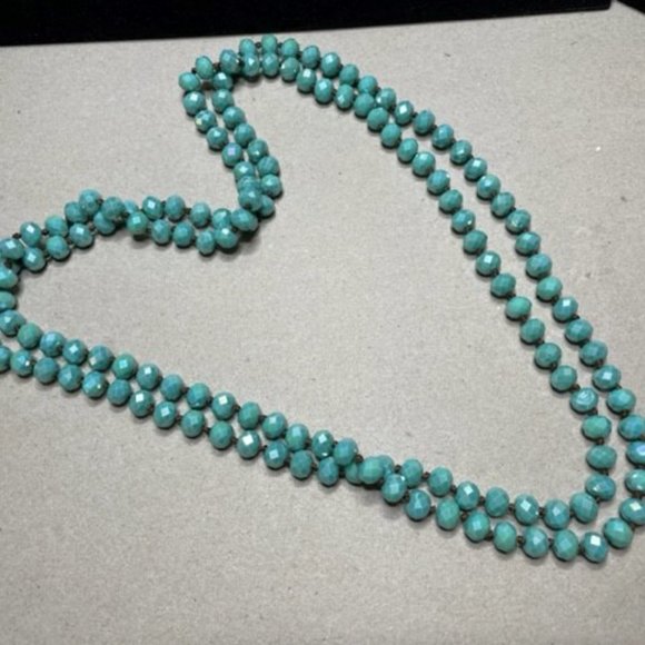 60" Gorgeous Teal Turquoise Blue Hand Knotted Glass Faceted Flapper Beads Vntg - Picture 8 of 10